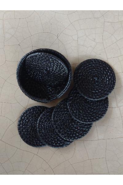 Mini Round Cane Coaster set (6 pack) - Black matte